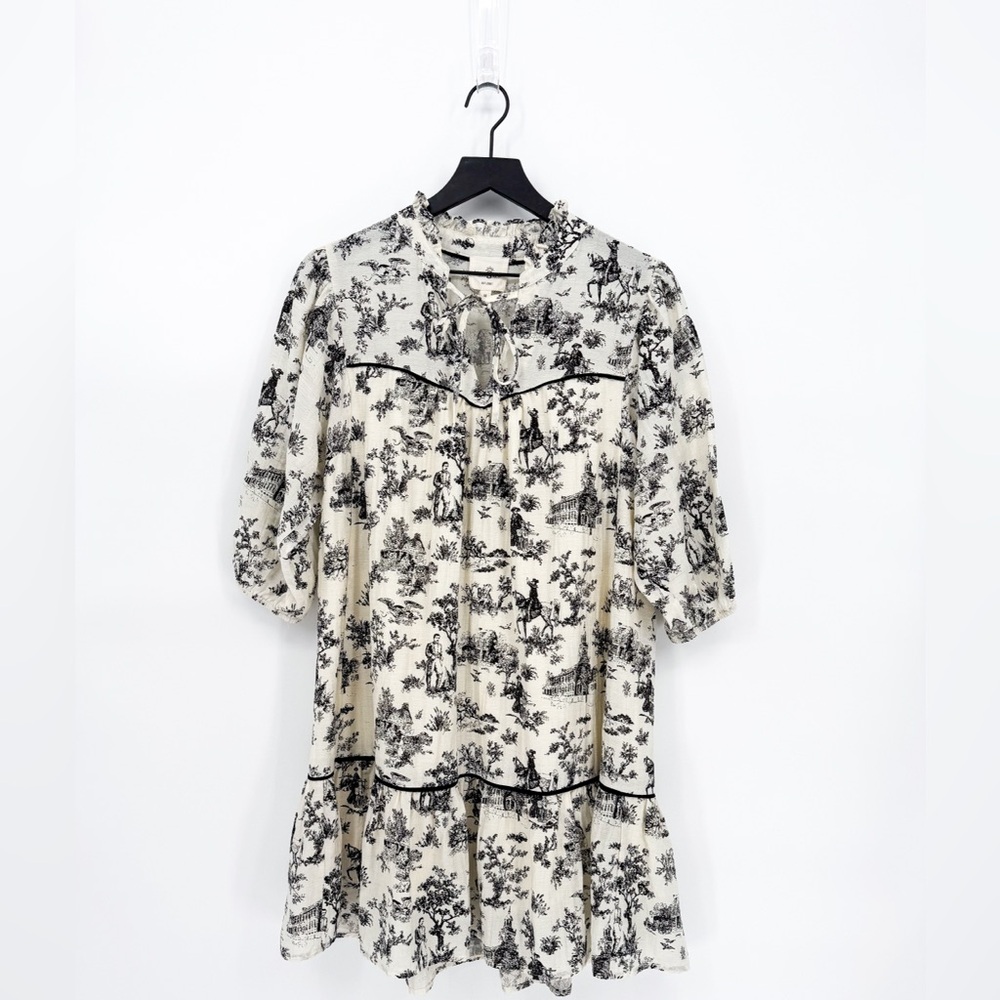 Umgee Toile de Jouy Cottagecore Tiered Mini Dress Cream Black | Medium